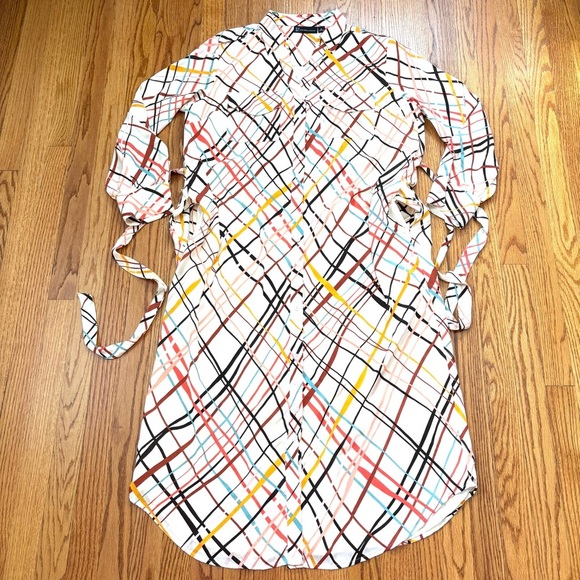 New York & Co. cream monogram button up V-neck long sleeve chiffon shirtdress XL - Picture 13 of 16